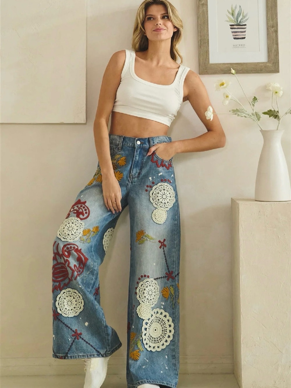 Washed Embroidery Wide Leg Denim Jeans - Picture 2 of 14